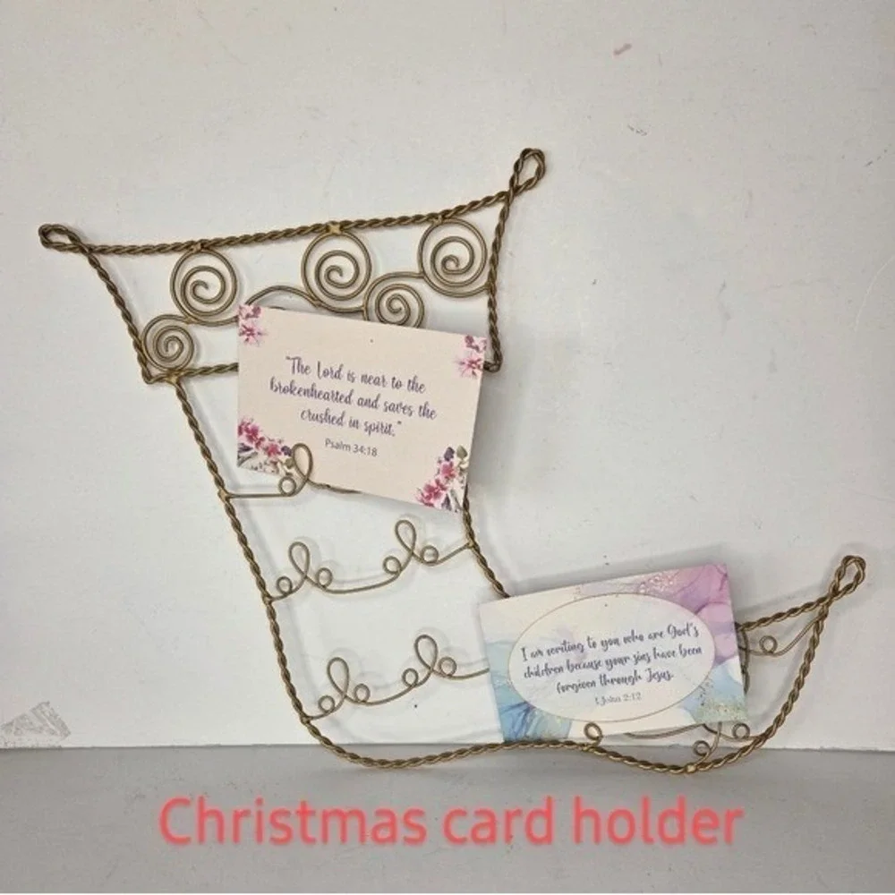 Pier 1 Gold Scrolled Metal Wire Christmas Stocking Shaped Card Holder Wall Decor